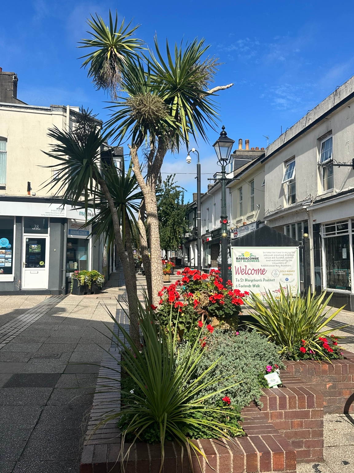 St Marychurch Precinct with palm trees, flowers and welcome sign