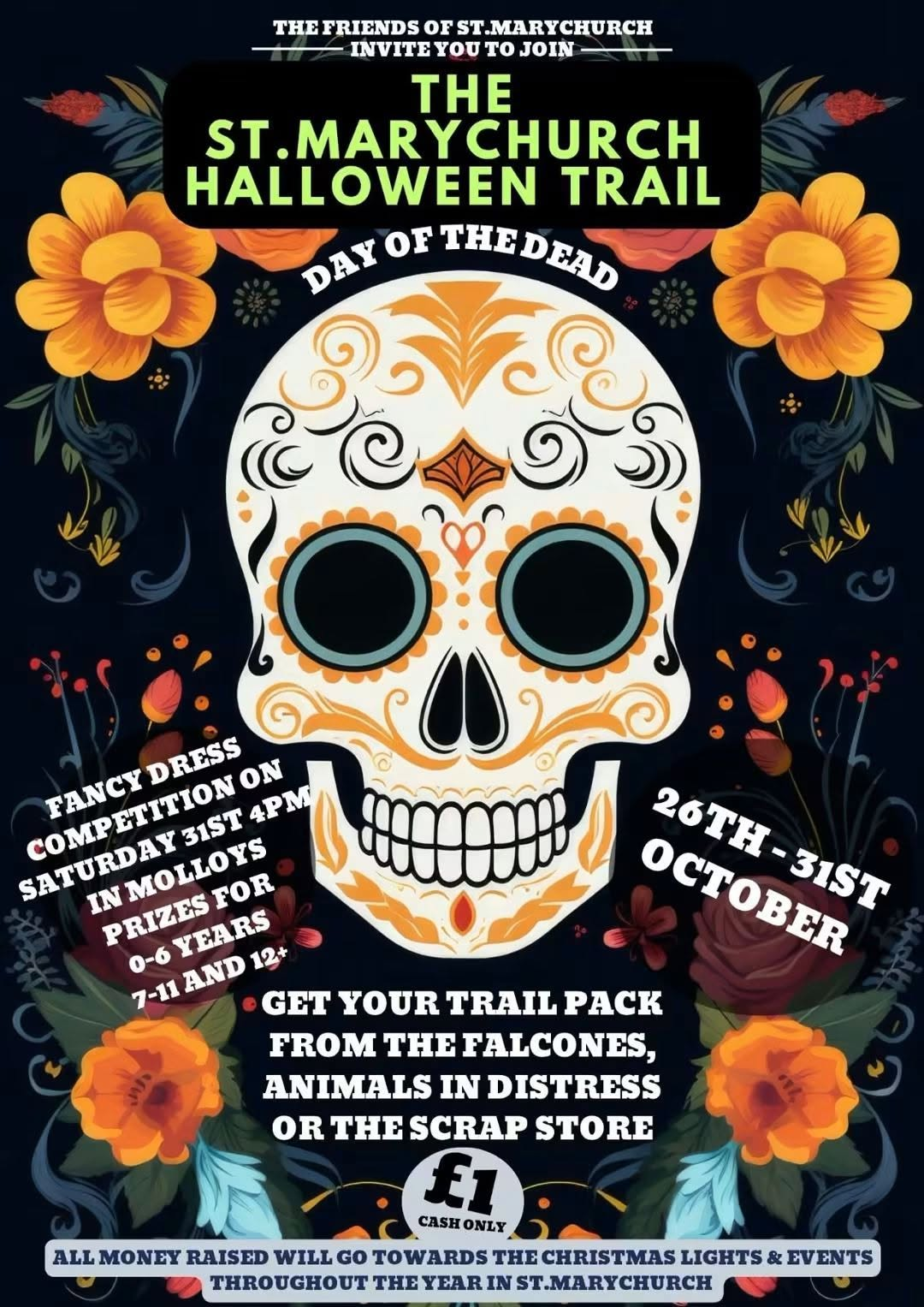 St Marychurch Halloween Trail poster: Day of the Dead design with 26–31 October dates.